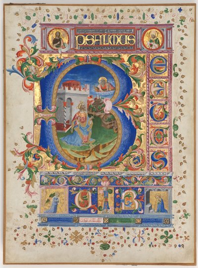 Blad fra en psalter med historisk initial B: Kong David, ca. 1450. af Unbekannt
