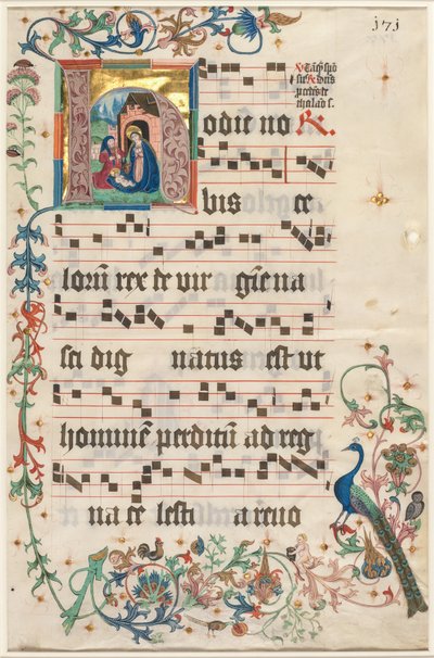 Blad fra et antifonarium: Initial H med Nativity recto og Text verso, ca. 1480. af Unbekannt