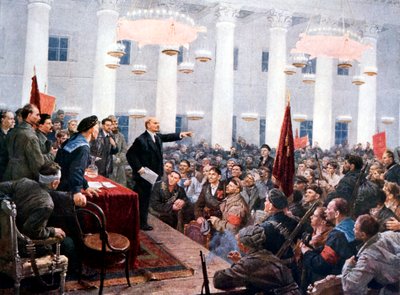 Lenin taler om deputerede for den 2. sovjetiske kongres, Smolny Palace, Skt. Petersborg, 1917 af Unbekannt