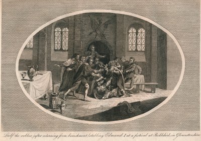 Røveren Leofa stikker Edmund I ved en festival i Pucklekirk, Gloucestershire 946 1793 af Unbekannt