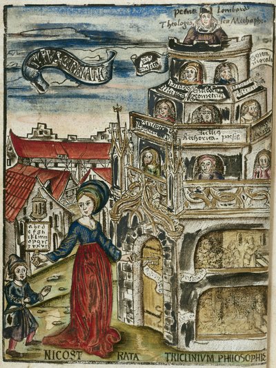 Den liberale kunst, grammatik: Nicostrata (kaldet Carmenta), holder en hornbog, undervisningsvejledning (her en alfabetbog) og en nøgle, der åbner døren til læringstårnet for et barn af Unbekannt