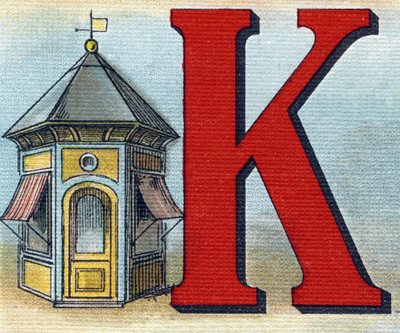 Bogstav K: kiosk. Indgravering i "Alphabet de ma petite fille". Bernardin-Bechet og Fils, boghandler-forlag, Paris, omkring 1895. Ubrydeligt album på lærred. Bibliotheque des Bebes. 12 sider. Album indeholdende en læsemetode og en illustrativ abecedar af Unbekannt