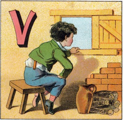 Bogstav V som vasistas. Nysgerrigt barn kigger ud af et vindue. Indgravering i "Alphabet des petits ecoliers". Billeddannelse af Epinal, ca. 1885. Privee Collection af Unbekannt