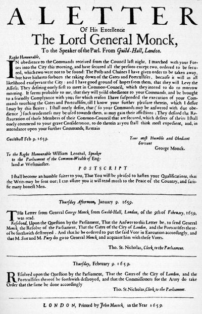 Brev fra General Monck til Formanden for Underhuset, 1659 1903 af Unbekannt