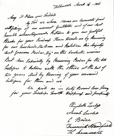 Brev skrevet til indenrigsminister John Russell 1792-1878 af Tolpuddle-martyrernes hustruer, af Unbekannt