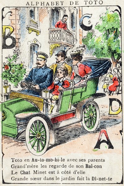 Bogstaver A B C D Bil Altan Kat Dinette. Indgravering i "Alphabet de Toto", slutningen af det 19. århundrede. Pont-a-Mousson billeddannelse. Louis Vagne, trykkeri-udgiver. 12 sider. Annoncealbum indeholdende en berømt abecedary og en forenklet læsemetode.  af Unbekannt