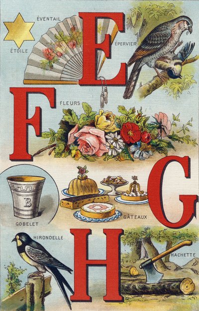 Bogstaverne E F G H; Svale; Ventilator; Blomster; Kager; Kop; Hachette; Svale. Indgravering i "Alphabet de ma petite fille". Bernardin-Bechet og Fils, boghandler-forlag, Paris, omkring 1895. Ubrydeligt album på lærred. Bibliotheque des Bebes. 12 sider. Alb af Unbekannt