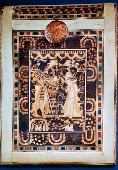 Låg på en kiste, der viser Tutankhamon og hans kone Ankhesenamun i en have, 1300-tallet f.Kr. af Unbekannt