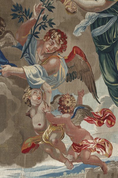 Jomfruens liv: "Jomfruens kroning"" (Jomfruens kroning) Detalje af engletapet af uld og silke lavet på Pierre Damours værksted efter tegninger af Charles Poerson (1609-1667) af Unbekannt