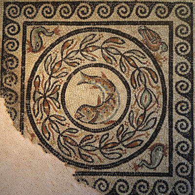 Lyon, Auvergne-regionen, Rhone-Alpes, Rhone-afdelingen. 69.000 Choulans mosaik, opdaget i 1967. Repræsenterer en fisk af Unbekannt