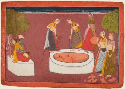 Madhava spiller sin vina før fem kvinder trækker vand fra en brønd, fra en Madhavanala..., ca. 1700. af Unbekannt