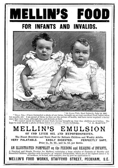 Magasinannonce for Mellins Emulsion, et kosttilskud baseret på levertran, c1890 af Unbekannt