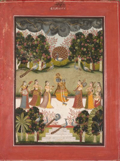 Malar Ragini: Krishna spiller på fløjte til syv gopis med musikinstrumenter..., ca. 1760. af Unbekannt