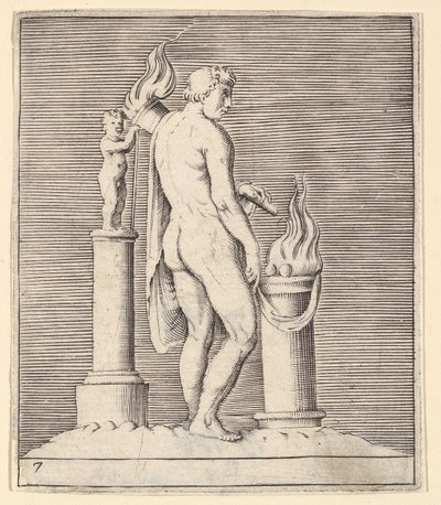 Mand med fakkel mellem flammende alter og statuette, udgivet ca. 1599-1622. af Unbekannt