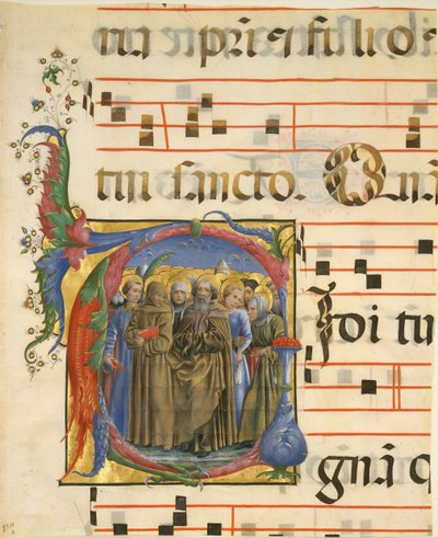 Manuskriptbelysning med alle hellige i et indledende V, fra et antifonarium, italiensk, 1450-60. af Unbekannt