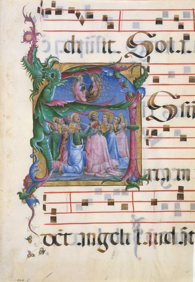 Manuskriptbelysning med Jomfruens antagelse i en indledende A..., italiensk, 1450-60. af Unbekannt