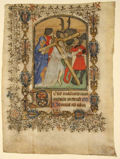 Manuskriptblad fra en timebog... Belyst initial D og Kristus der bærer korset, 1390-140 af Unbekannt