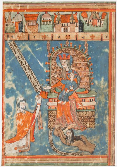 Manuskriptblad med dedikation af en bog til jomfruen, ca. 1400. af Unbekannt