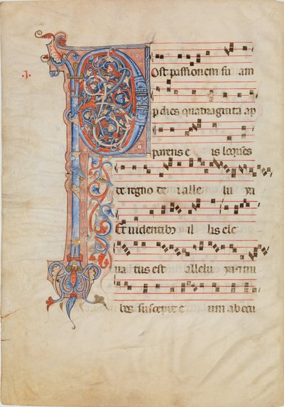 Manuskriptblad med folieret initial P, fra et antifonarium, ca. 1250-60. af Unbekannt