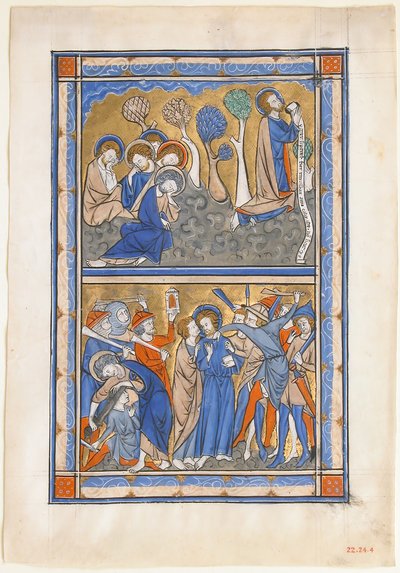 Manuskriptblad med smerten i haven og Kristi forræderi, fra en kongelig psalter, ca. 1270. af Unbekannt