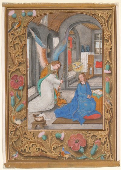 Manuskriptblad med bebudelsen, fra en timebog, ca. 1500-1525. af Unbekannt
