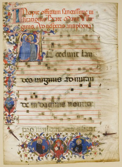 Manuskriptblad med visitationen i en initial A og kardinal Adam Easton..., italiensk, ca. 1400. af Unbekannt