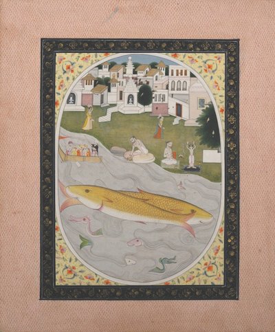 Manuskriptmaleri med hinduistisk tantrisk scene, der forestiller to fisk, 1800-1820. af Unbekannt