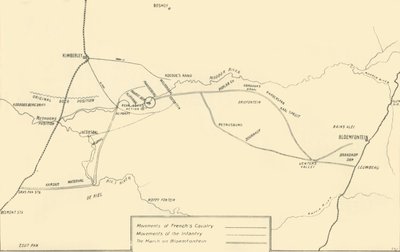Kort, der illustrerer bevægelserne til relief af Kimberley og erobringen af Bloemfontein, 1901. af Unbekannt