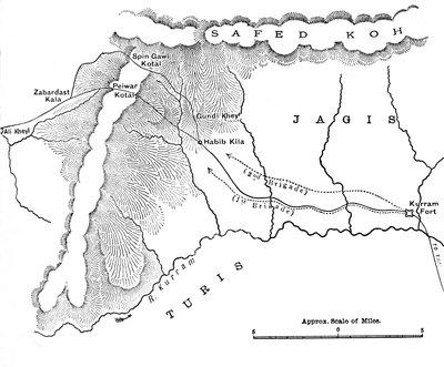 Kort, der viser general Roberts marts til Peiwar Kotal 28. november til 1. december 1878, c1880 af Unbekannt
