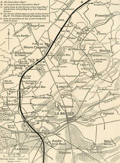Kort, der illustrerer Operations of the First Army..., Første Verdenskrig, 1915, c1920. af Unbekannt