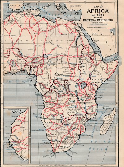 Kort over Afrika i 1891, der viser opdagelsesrejsendes ruter af Unbekannt