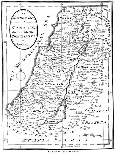 Kort over Kanaan opdelt i Israels tolv stammer, c1830 af Unbekannt