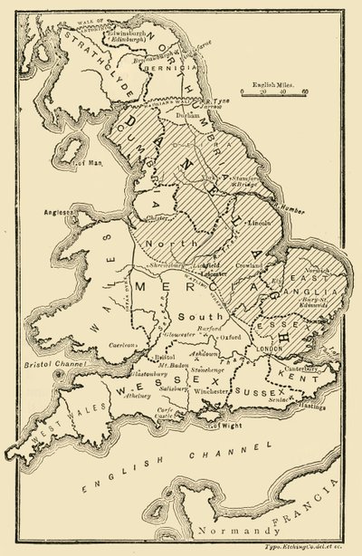 Kort over England, Viser angelsaksiske kongeriger og danske distrikter, c9. århundrede, 189 af Unbekannt