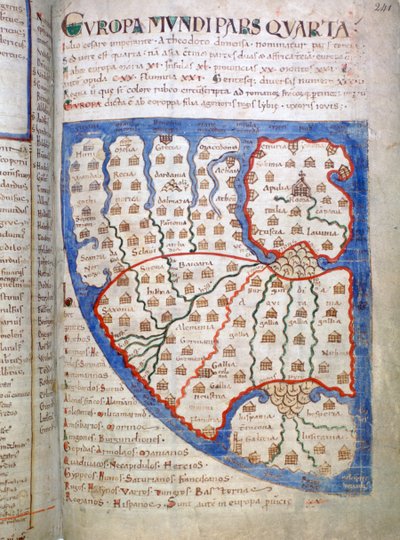 Kort over Europa, en side fra Liber Floridus, 1100-tallet af Unbekannt