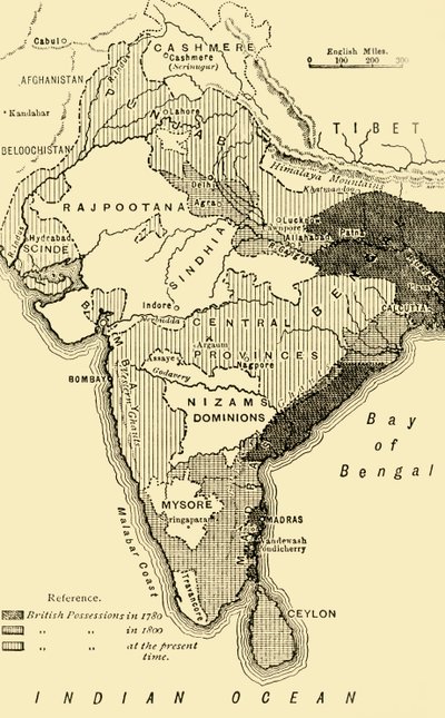 Kort over Indien, der viser de britiske besiddelser i 1780,1800 og på nuværende tidspunkt, 1890. af Unbekannt