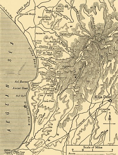 Kort over Sari Bair, Gallipoli halvøen, Første Verdenskrig, 1915, c1920. af Unbekannt