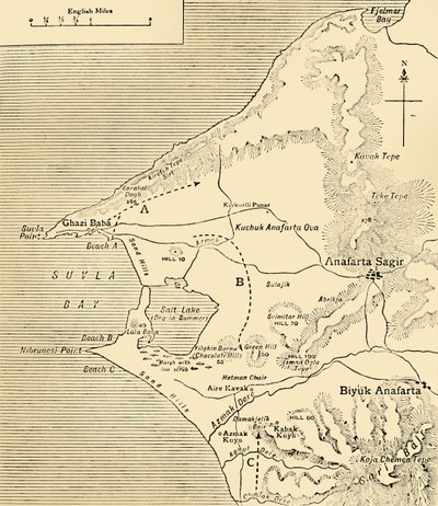 Kort over Suvla Bay, Gallipoli halvøen, Første Verdenskrig, 1915, c1920. af Unbekannt