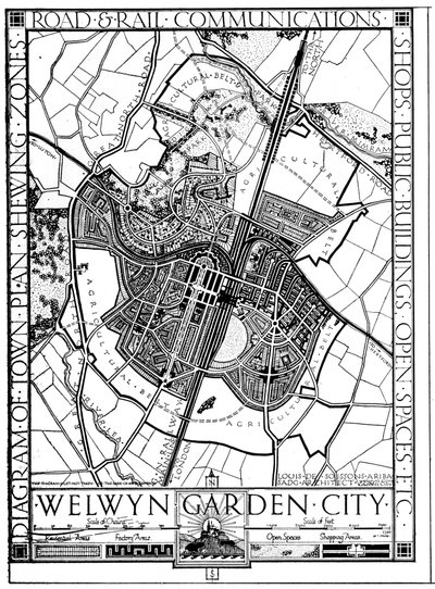 Kort over Welwyn Garden City, Hertfordshire, England, 1926 af Unbekannt