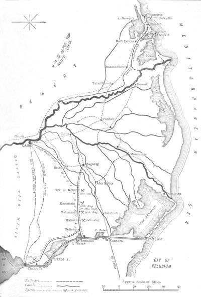 Kort over Nilens delta, strategiske punkter i den egyptiske kampagne, 1882, c1882-85 af Unbekannt