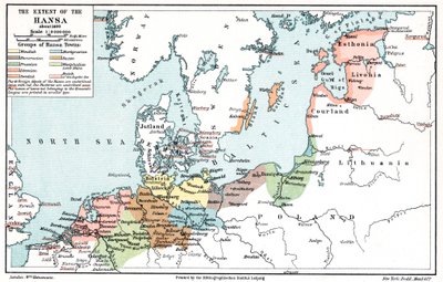 Kort over Hanseforbundets udstrækning omkring 1400 af Unbekannt