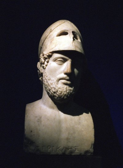 Marmorportrætbuste af Perikles (Pericles) athensk statsmand (c490-429 f.Kr.). Romersk 2. århundrede f.Kr. (skulptur, der siges at være fra Hadrians villa i Tivoli, Lazio, Italien) af Unbekannt