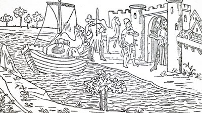 Marco Polo og hans onkler ankommer til Hormuz. af Unbekannt