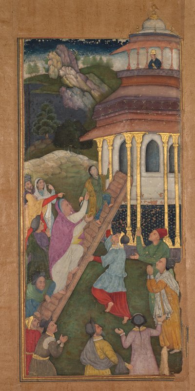 Maria går op ad trappen til templet fra et Mirat al-quds hellighedsspejl..., 1602-1604. af Unbekannt