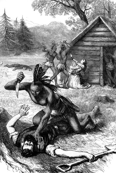 Massakre på bosættere af indfødte amerikanere, c1600-tallet c1880 af Unbekannt