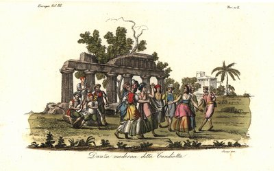 Mænd og kvinder, der danser den moderne Candiota- eller Candiotta-dans, populær på øen Kreta i det 18. århundrede af Unbekannt