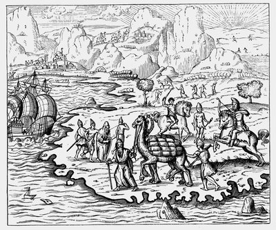Købmænd, der transporterer varer til kysten og et ventende fartøj med kamel, 1575 af Unbekannt