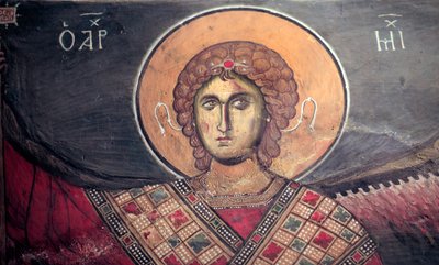 Mickael Ærkeengel byzantinsk fresko fra Panagia tou Arakos Kirke Cypern fra det 12. århundrede Malede kirker UNESCO-sted Troodos, Cypern af Unbekannt