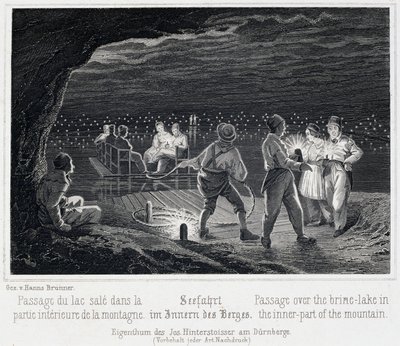 Salzmine: Überquerung des Salzsees im Inneren des Berges, ca. 1850, in Dürnberg, Österreich von Unbekannt