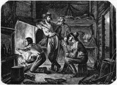 Minearbejdere i de californiske guldmarker slapper af i deres bjælkehytte om natten, 1853 af Unbekannt