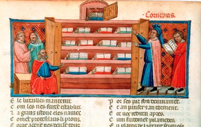Munke og studerende i et bibliotek, 1400-tallet af Unbekannt